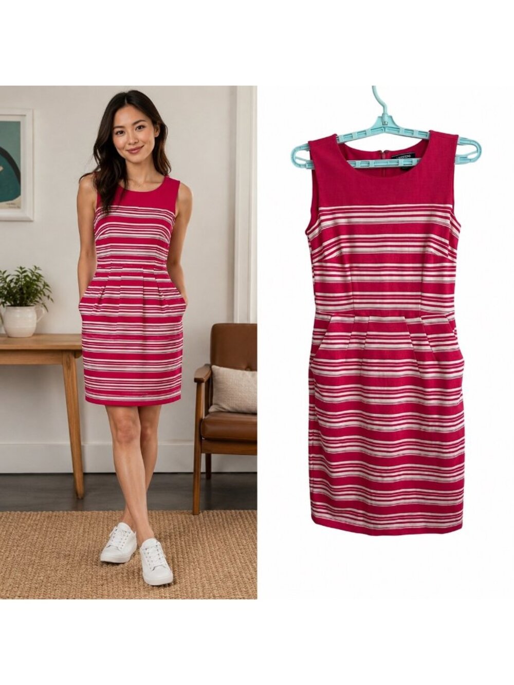 Lands End Womens Sleeveless Pink Striped Sheath Dress Size 2P Preppy Old Money